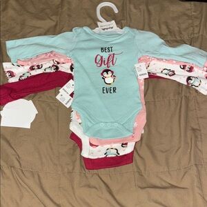 Adorable Mint and Pink Penguin Baby Onesie Set